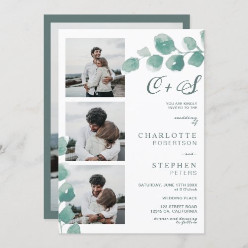 Greenery eucalyptus floral initials photos wedding invitation
