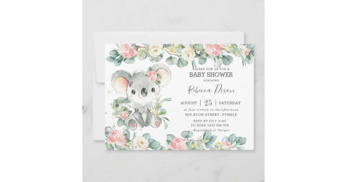 Greenery Eucalyptus Floral Koala Baby Shower Girl Invitation | Zazzle