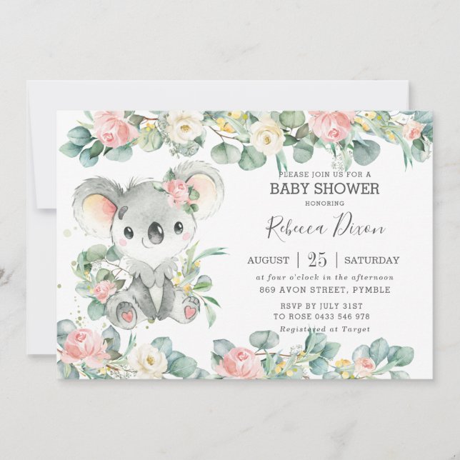 Greenery Eucalyptus Floral Koala Baby Shower Girl Invitation (Front)