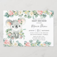 Greenery Eucalyptus Floral Koala Baby Shower Girl Invitation