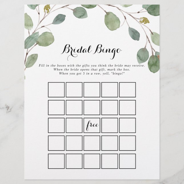 Greenery Eucalyptus Foliage Bridal Bingo Game (Front)