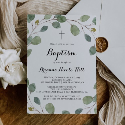 Greenery Eucalyptus Foliage Calligraphy Baptism Invitation