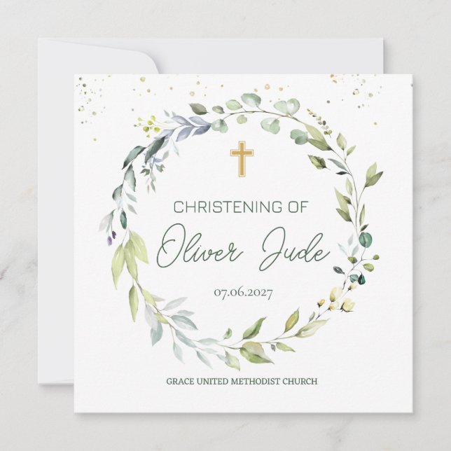 Greenery Eucalyptus Foliage Christening Invitation (Front)
