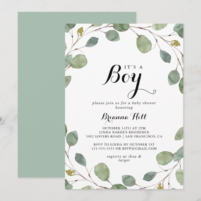 Greenery Eucalyptus Foliage It's A Boy Baby Shower Invitation (Front/Back)