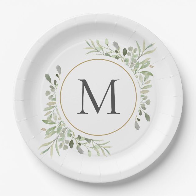 Greenery Eucalyptus Foliage Monogram Paper Plates (Front)