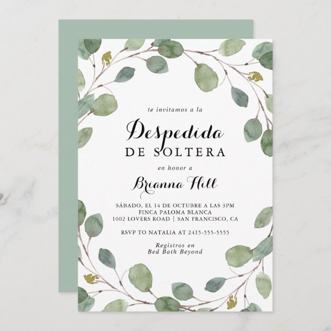 Greenery Eucalyptus Foliage Spanish Bridal Shower Invitation (Front/Back)