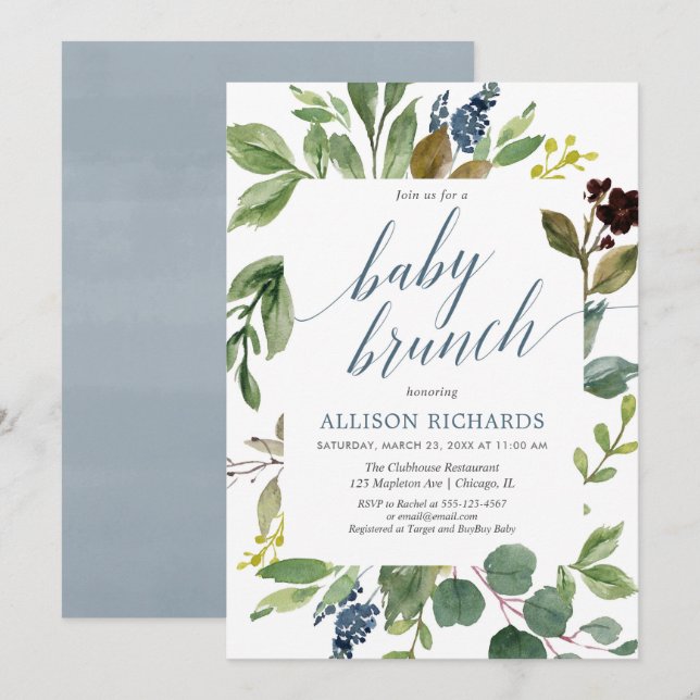 Greenery eucalyptus gender neutral baby brunch invitation (Front/Back)