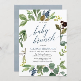 Greenery eucalyptus gender neutral baby brunch invitation