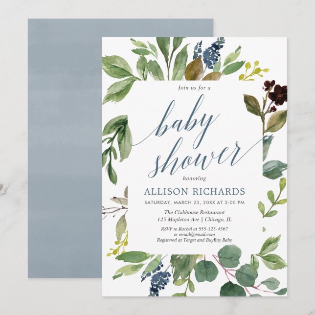 Greenery eucalyptus gender neutral baby shower invitation (Front/Back)