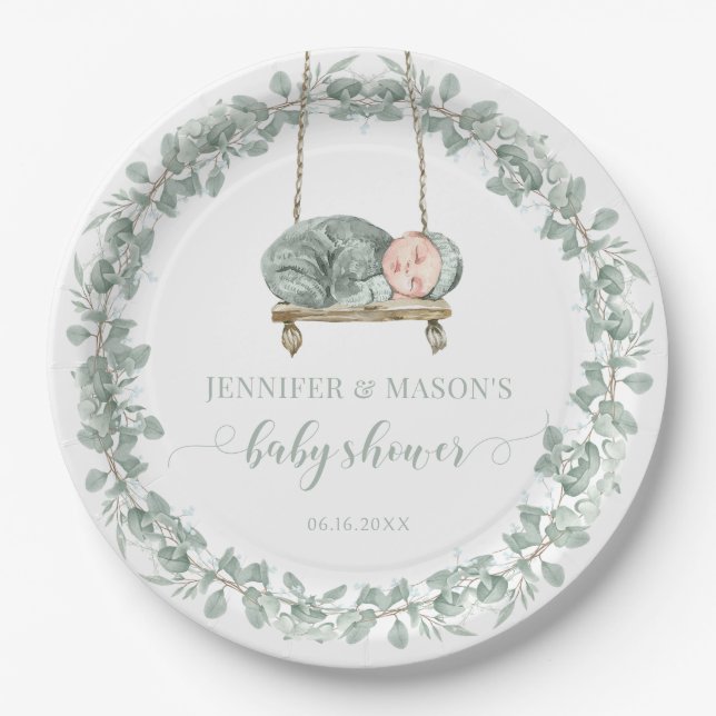Greenery eucalyptus gender neutral baby shower paper plates (Front)