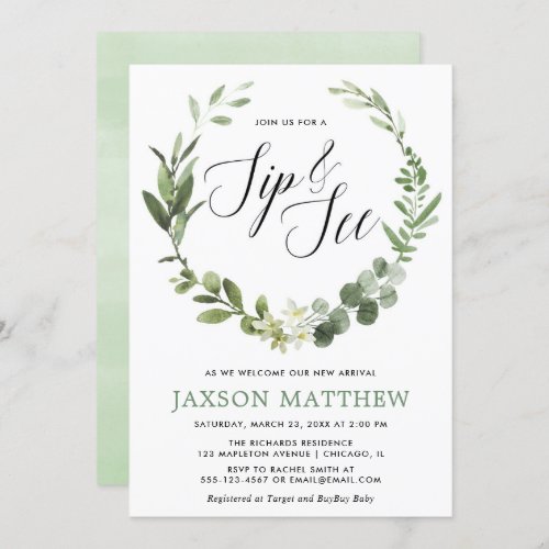 Greenery eucalyptus gender neutral sip and see invitation