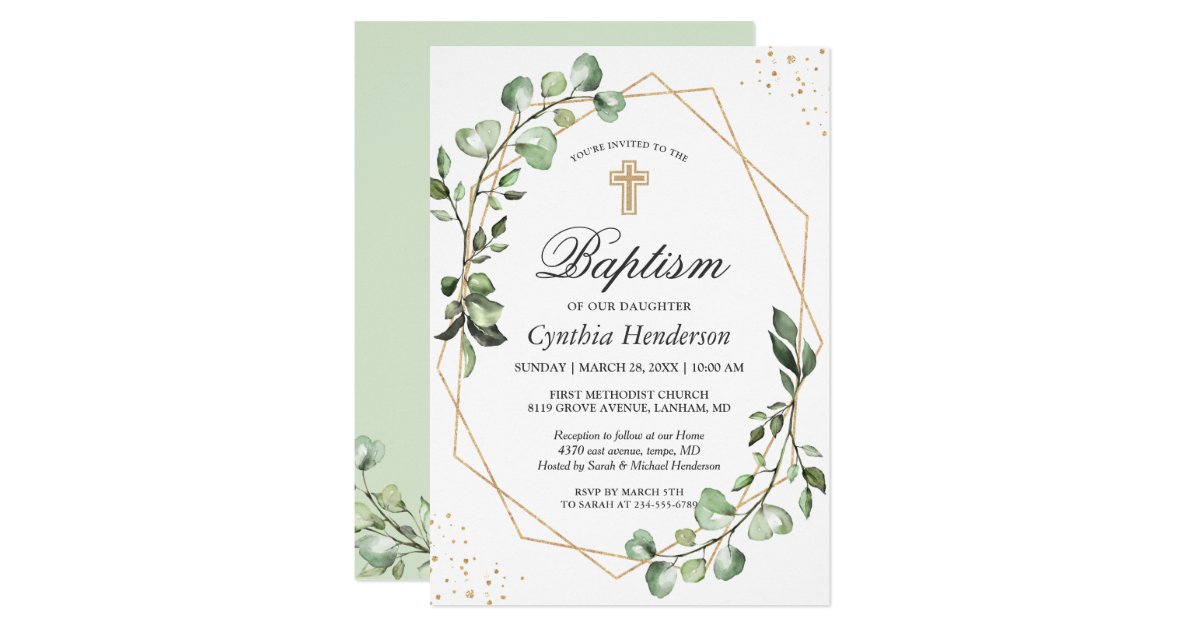 Greenery Eucalyptus Geometric Baptism Christening Invitation