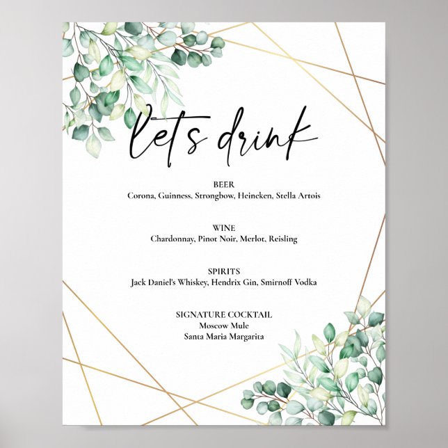 Greenery Eucalyptus Geometric Drinks Bar Menu Poster (Front)