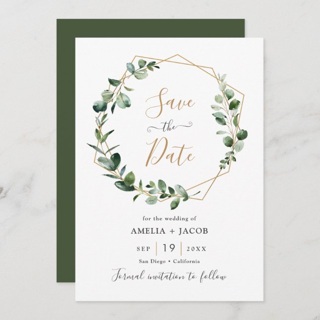 Greenery Eucalyptus Geometric Frame Save the Date  Invitation (Front/Back)