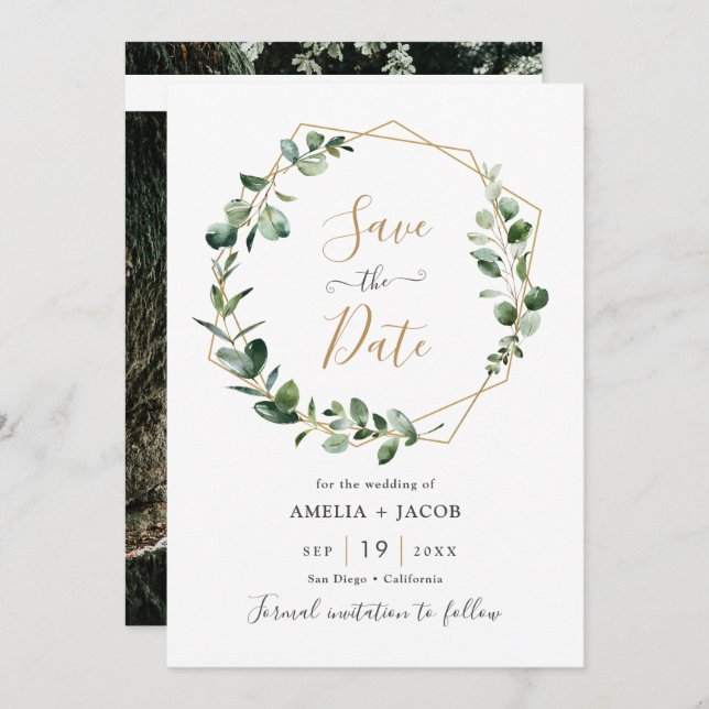 Greenery Eucalyptus Geometric Frame Save the Date Invitation (Front/Back)