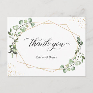 Greenery Eucalyptus Geometric Gold Frame Thank You Postcard