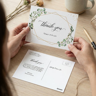 Greenery Eucalyptus Geometric Gold Frame Thank You Postcard