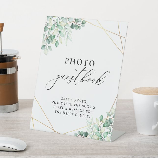 Greenery Eucalyptus Geometric Photo Guestbook Pedestal Sign (In SItu)