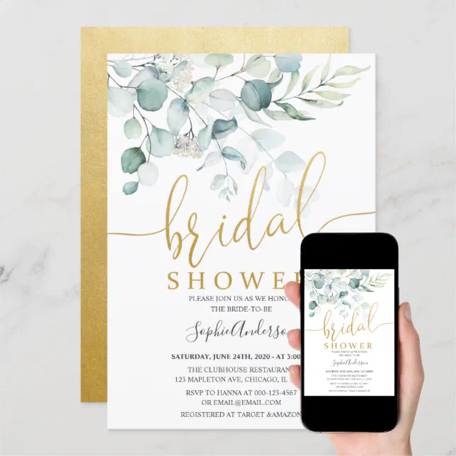 Greenery Eucalyptus Gold Bridal Shower Invitation Zazzle 4594