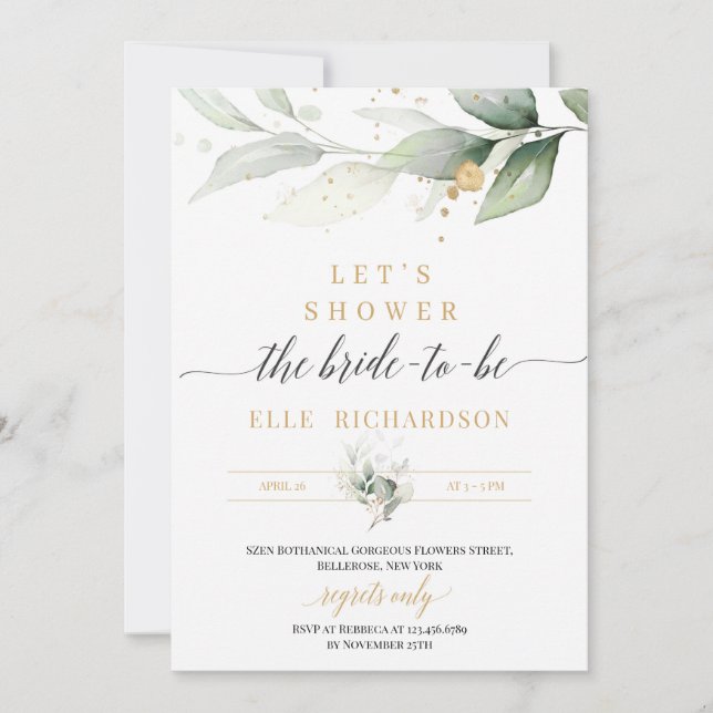 Greenery eucalyptus gold bride-to-be bridal shower invitation (Front)