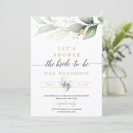 Greenery eucalyptus gold bride-to-be bridal shower invitation | Zazzle