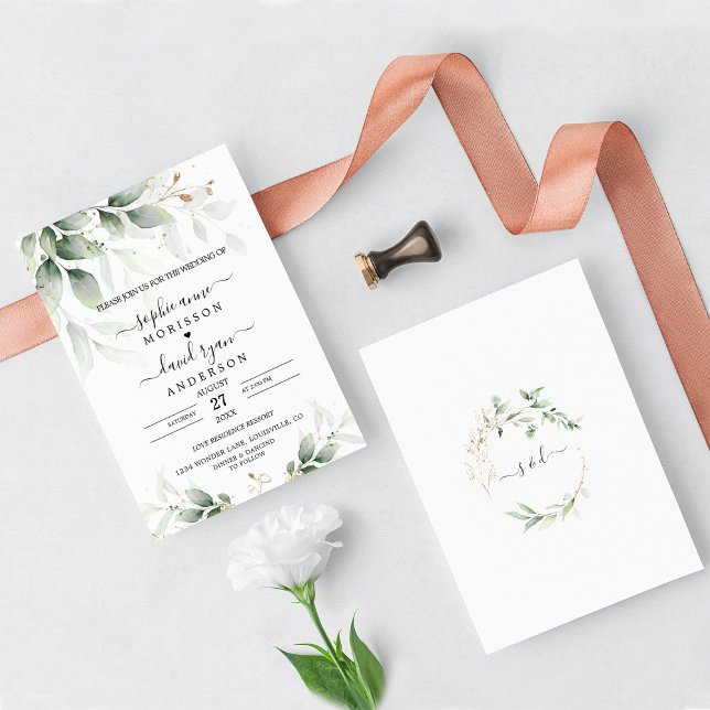 Greenery Eucalyptus Gold Calligraphy Wedding  Invitation (Creator Uploaded)