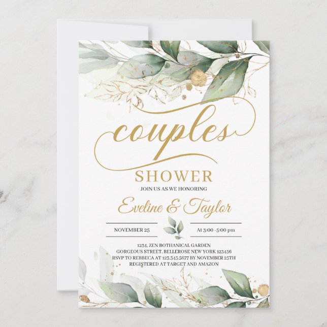Greenery eucalyptus gold floral couples shower invitation (Front)
