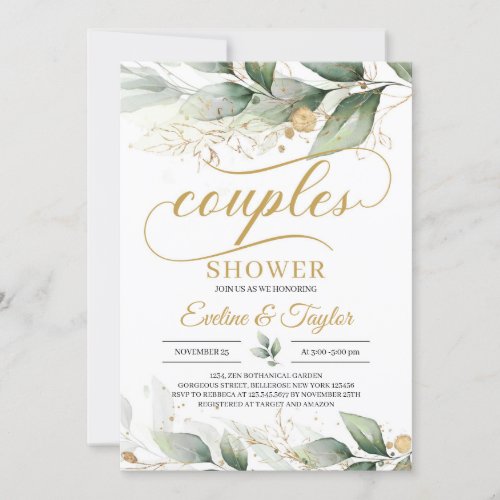 Greenery eucalyptus gold floral couples shower invitation