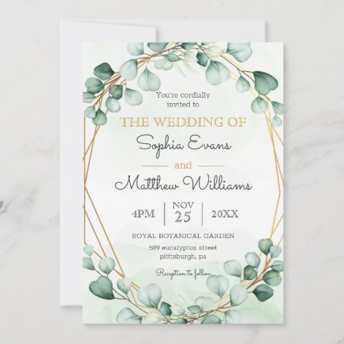 Greenery Eucalyptus Gold Frame Geometric Wedding Invitation