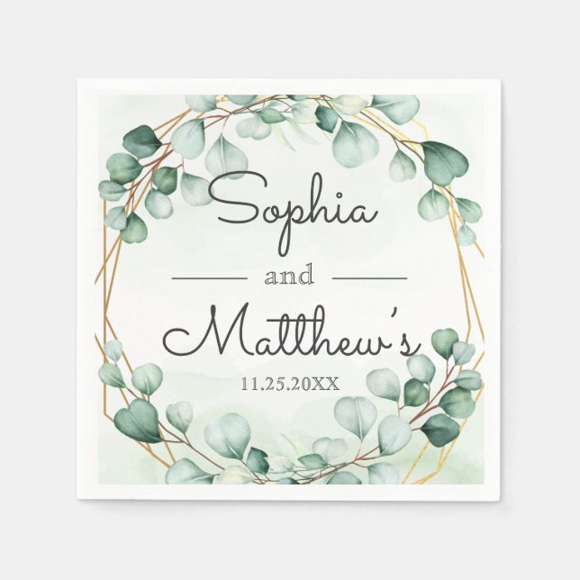Greenery Eucalyptus Gold Frame Geometric Wedding Napkins (Front)