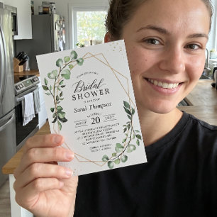 Greenery Eucalyptus Gold Geometric Bridal Shower Invitation