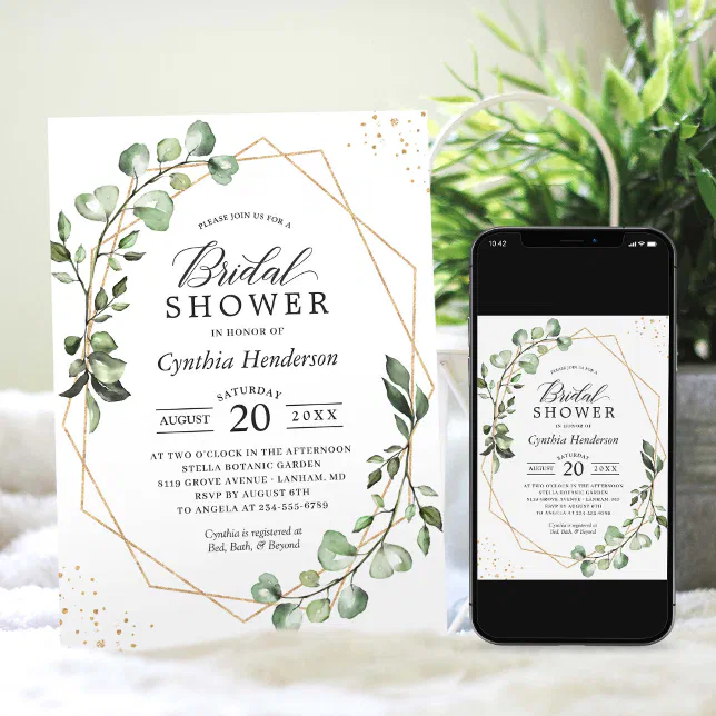 Greenery Eucalyptus Gold Geometric Bridal Shower Invitation Zazzle 4253