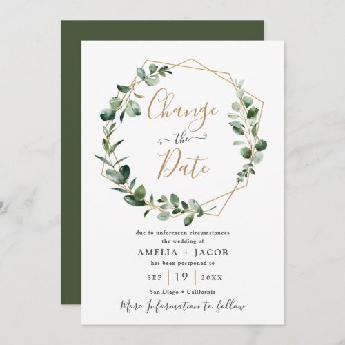 Greenery Eucalyptus Gold Geometric Change the Date Invitation