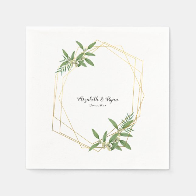 Greenery, Eucalyptus, Gold Geometric, Custom Napkins (Front)