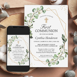 Greenery Eucalyptus Gold Geometric First Communion Invitation