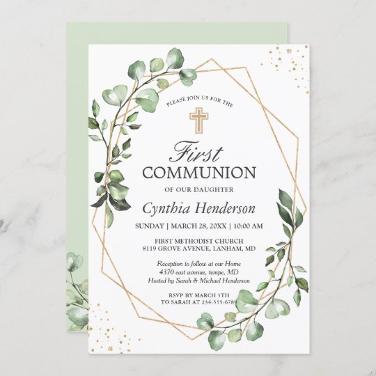 Greenery Eucalyptus Gold Geometric First Communion Invitation | Zazzle.com