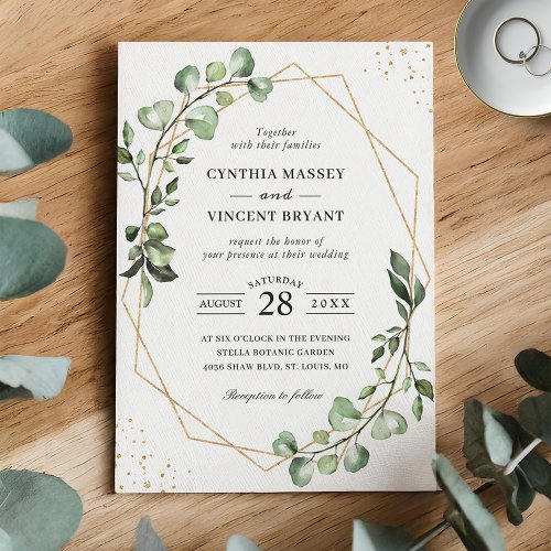 Greenery Eucalyptus Gold Geometric Frame Wedding Invitation