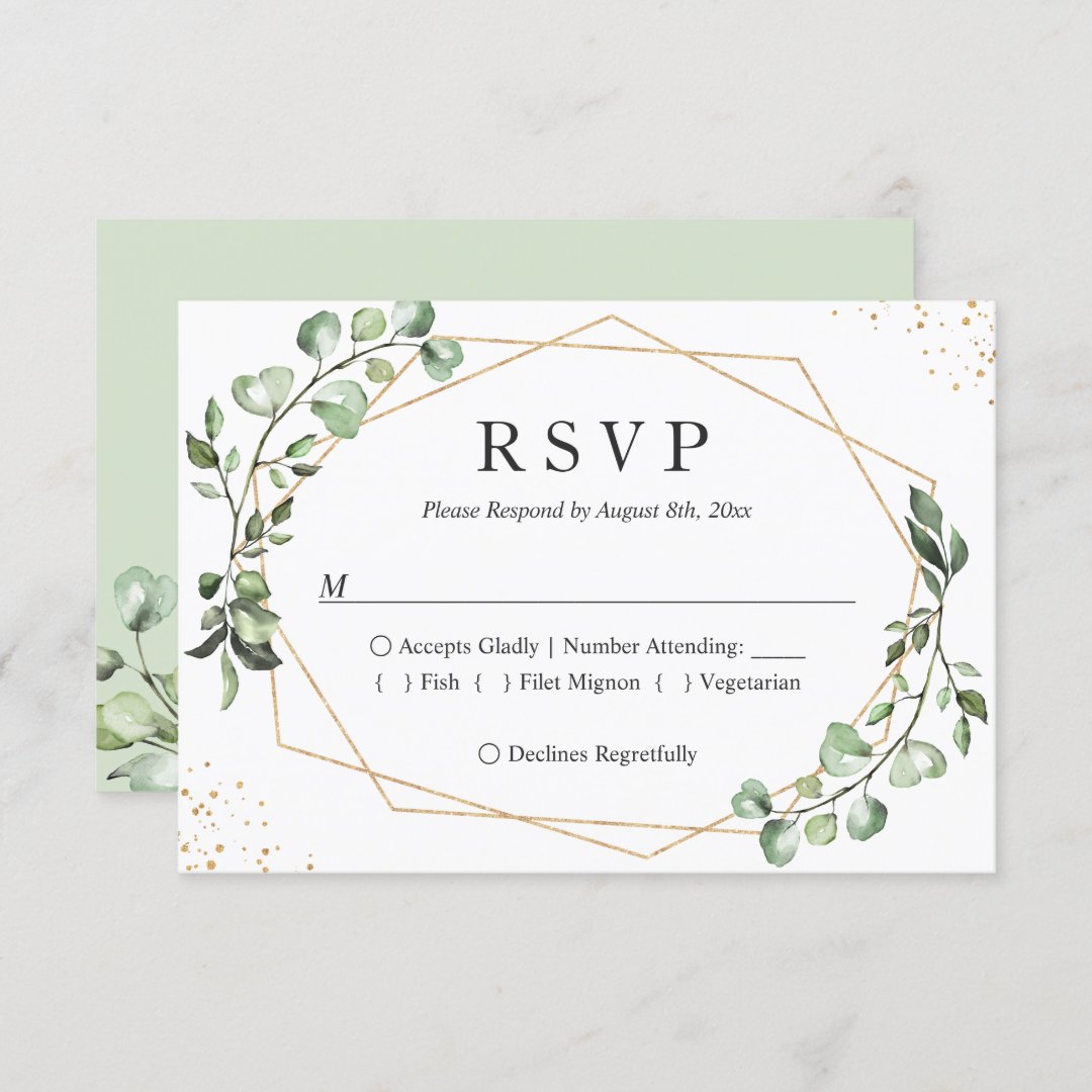 Greenery Eucalyptus Gold Geometric Frame Wedding Rsvp Card Zazzle 1292