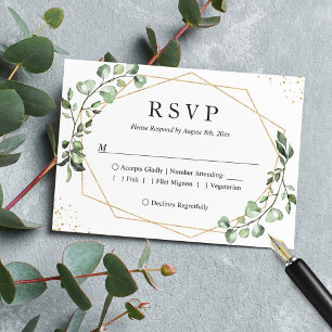 Greenery Eucalyptus Gold Geometric Frame Wedding RSVP Card
