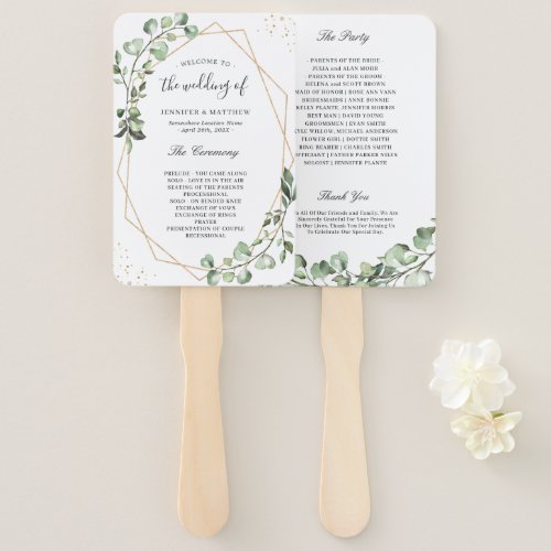 Greenery Eucalyptus Gold Geometric Wedding Program Hand Fan