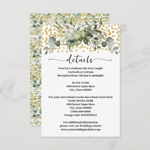 Greenery Eucalyptus Gold Glitter Wedding Details Enclosure Card