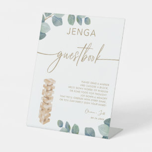 Greenery Eucalyptus Gold Jenga Guest Book Wedding Pedestal Sign