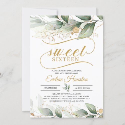 Greenery eucalyptus gold leaves boho seet sixteen invitation