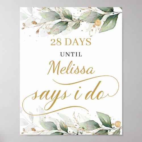 Greenery eucalyptus gold leaves countdown sign