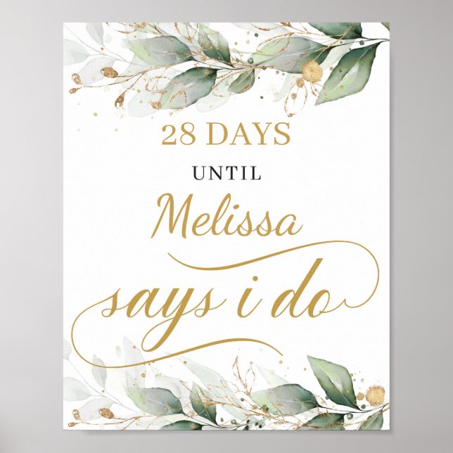 Greenery eucalyptus gold leaves countdown sign (Front)
