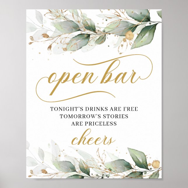 Greenery eucalyptus gold leaves open bar sign (Front)