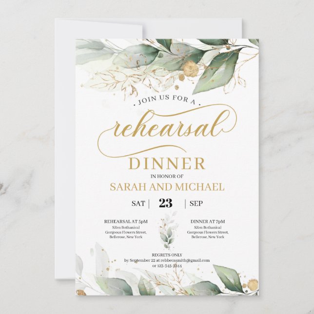 Greenery eucalyptus gold leaves rehearsal dinner invitation (Front)