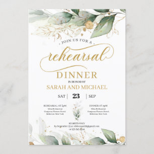 Greenery eucalyptus gold leaves rehearsal dinner invitation