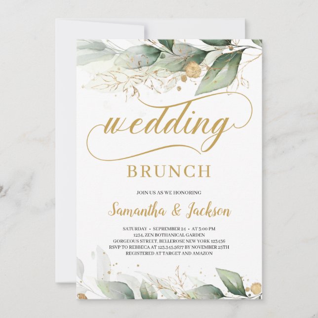 Greenery eucalyptus gold leaves wedding brunch invitation (Front)