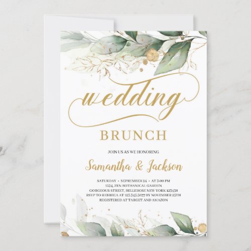 Greenery eucalyptus gold leaves wedding brunch invitation